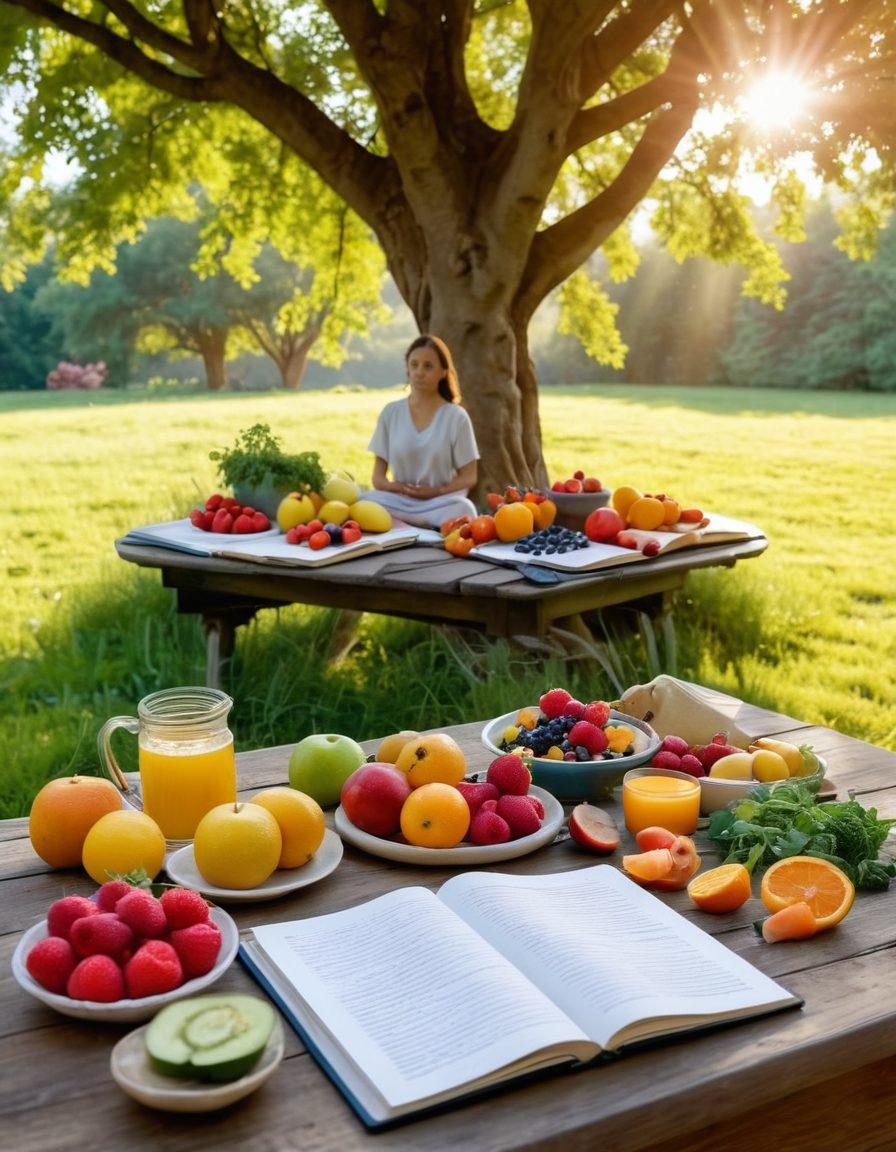 A serene and harmonious scene depicting a balanced meal rich in colorful fruits and vegetables, surrounded by an open notebook and calming herbal teas. In the background, a silhouette of a person meditating under a tree, symbolizing mental health and mindfulness. Soft sunlight filtering through leaves adds warmth and hope, embodying the journey of survivorship. natural colors. soft focus. tranquility.