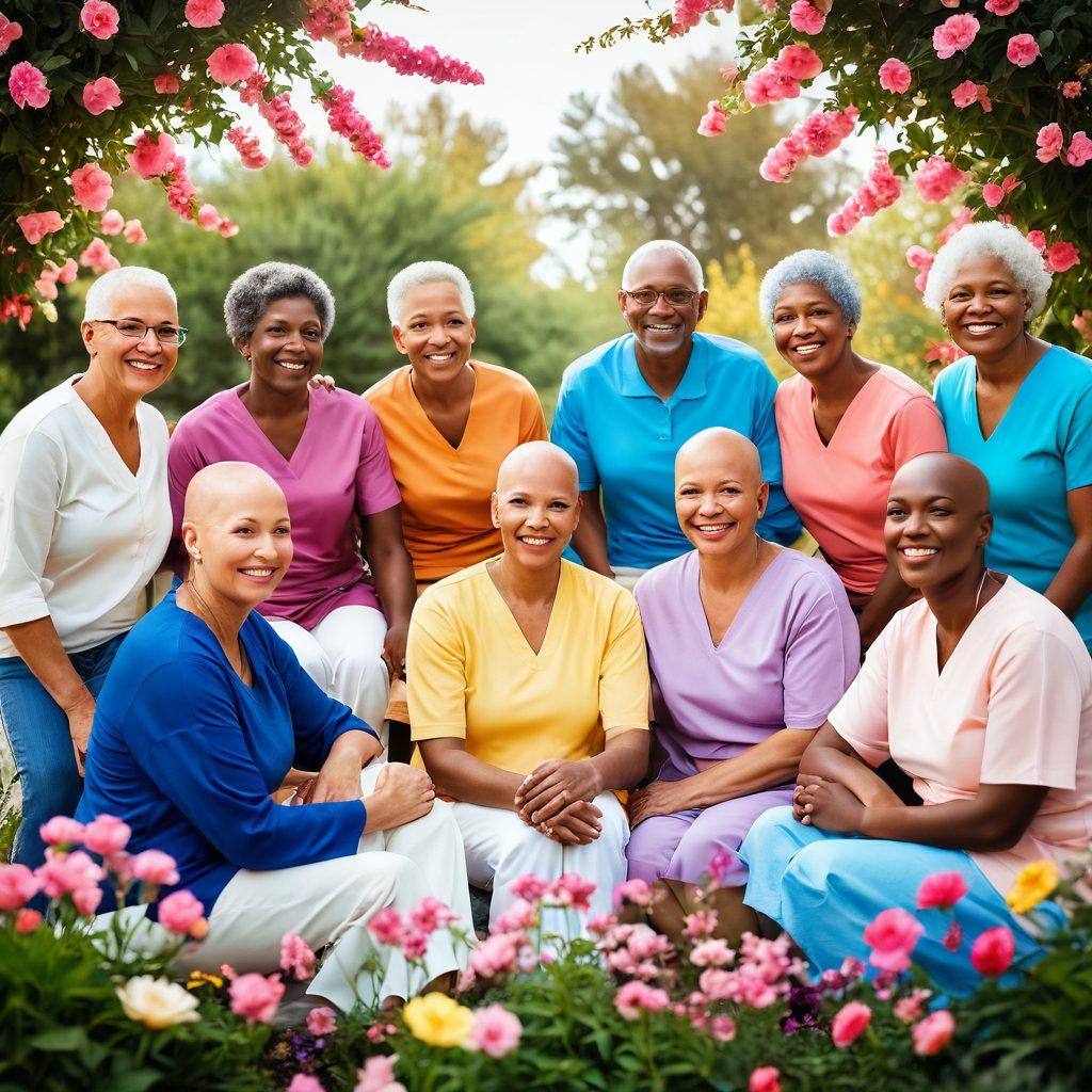 A diverse group of cancer survivors and advocates sharing stories in a warm, supportive circle, with a backdrop of blooming flowers symbolizing hope. Vibrant colors to convey positivity and strength, with soft lighting to create an inviting atmosphere. Artistic touch to depict unity and empowerment among patients and advocates. super-realistic. vibrant colors. soft focus.